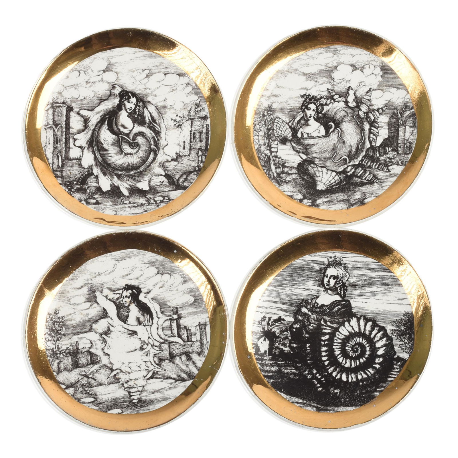 Four Piero Fornasetti â€˜Le Oceanidi' Cocktail Coasters: for Rosenfeld Imports, all signed, Italy, 1960's, diameter 4 inches.