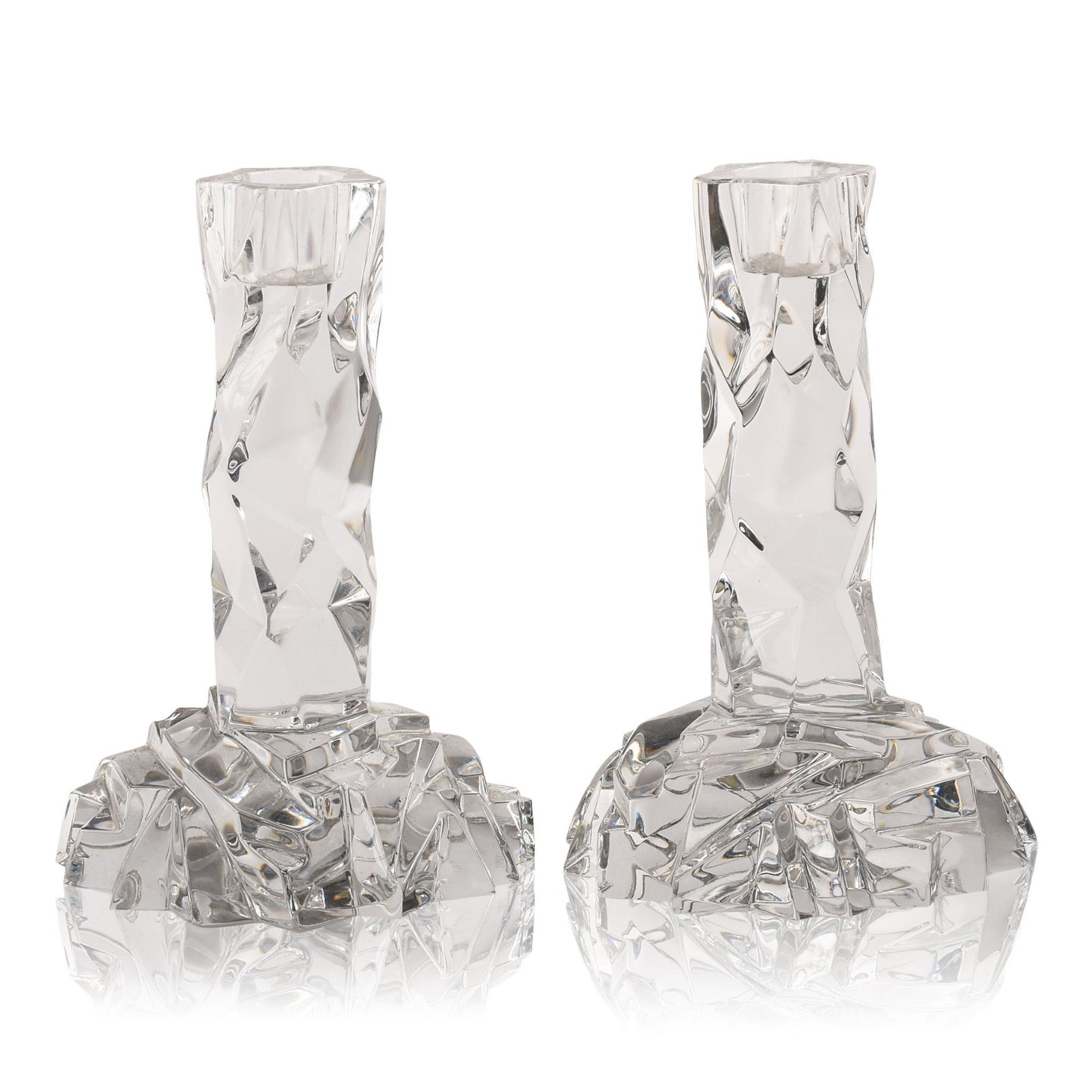 Pair of Tiffany and Co. " Rock Cut" Crystal: Acid etched signature, height 6 inches.