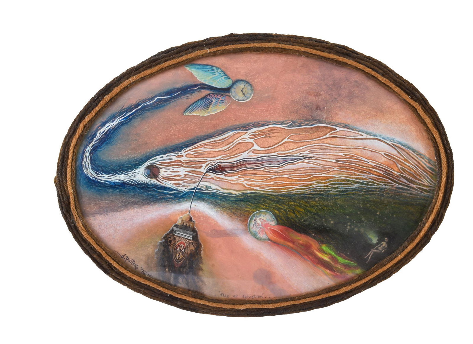 Dennis Poitras Surrealist Painting: (Massachusetts, b. 1950), title "Flag of Salvation", 1976, framed under bubble glass with a rope edge, oil on board, signed, dated and titled, frame 15.5 x 21.5 inches.