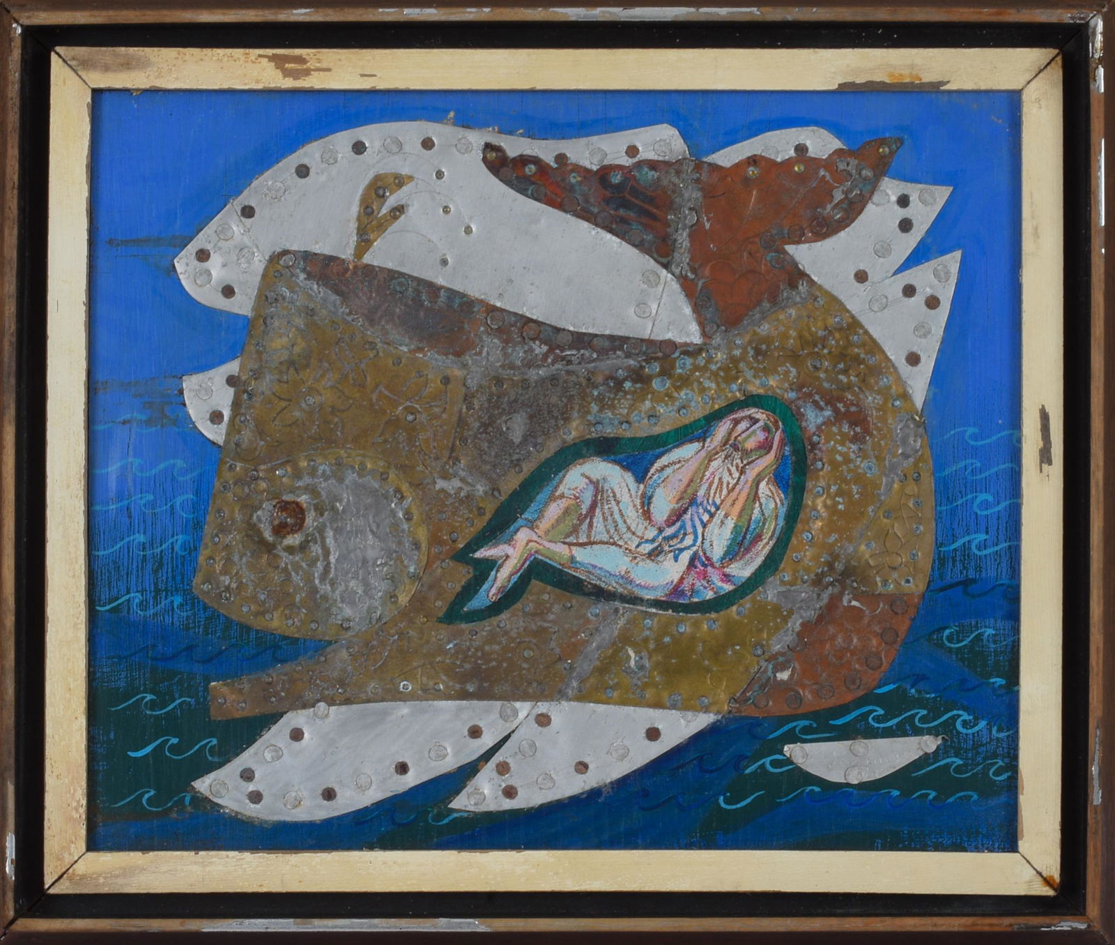 Edward Goldman â€˜Jonah' Metal Collage: (United States, 1916-2006), signed and titled on back, mixed media on board, 10 x 12 inches.