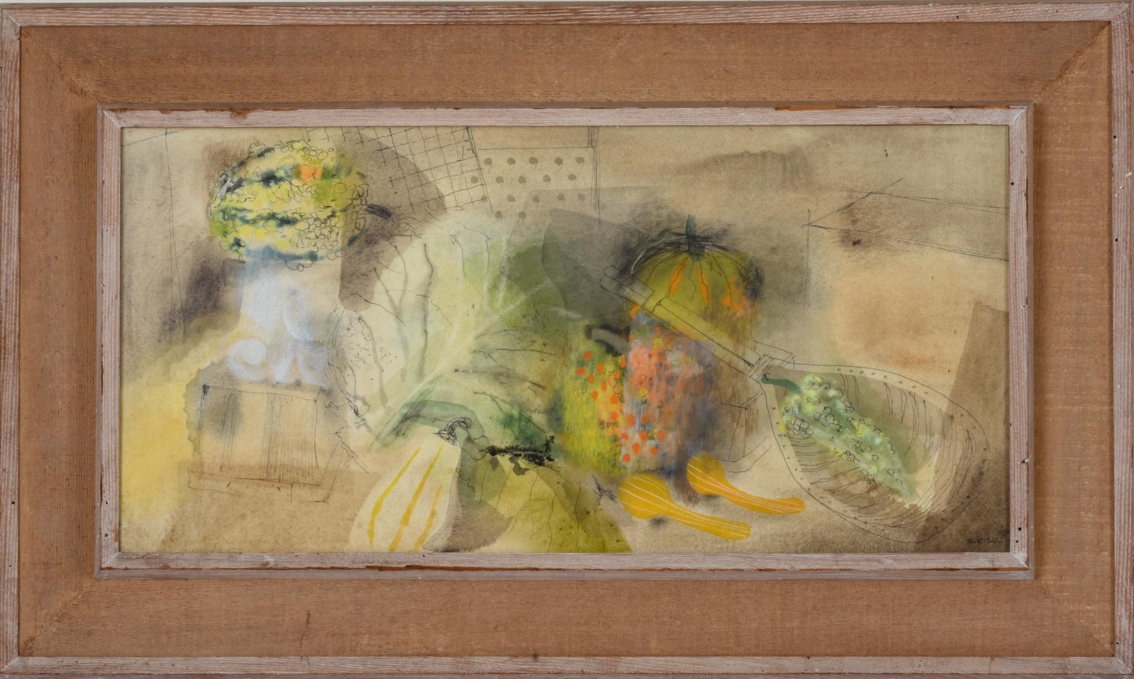Ruth Cobb Garden Still Life Watercolor: (Massachusetts, 1914-2008), signed lower right, in a mid century stained frame, frame 23 x 38 inches.