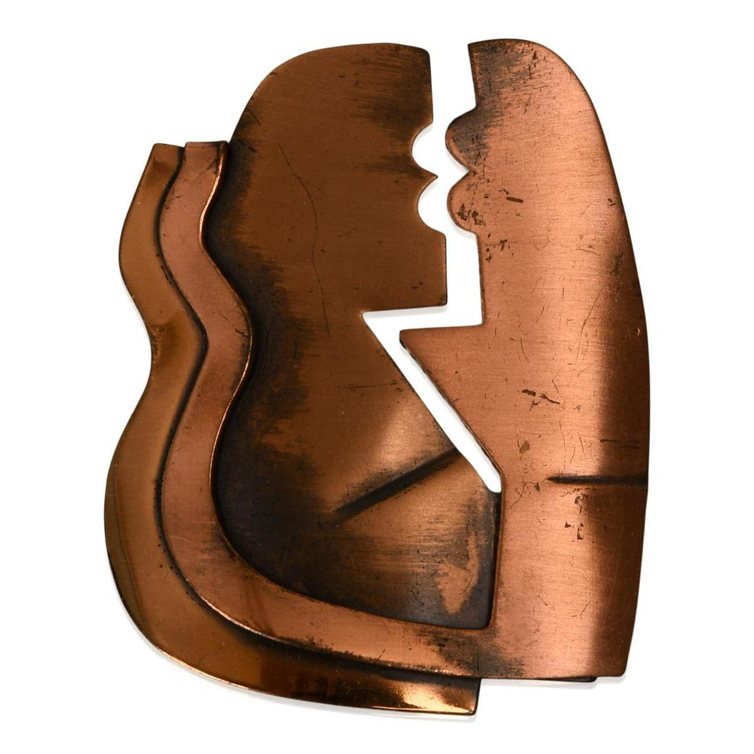 Frank Rebaje. "The Kiss" Copper Pin.: 2.25 x 1.875 inches, stamped on back.
