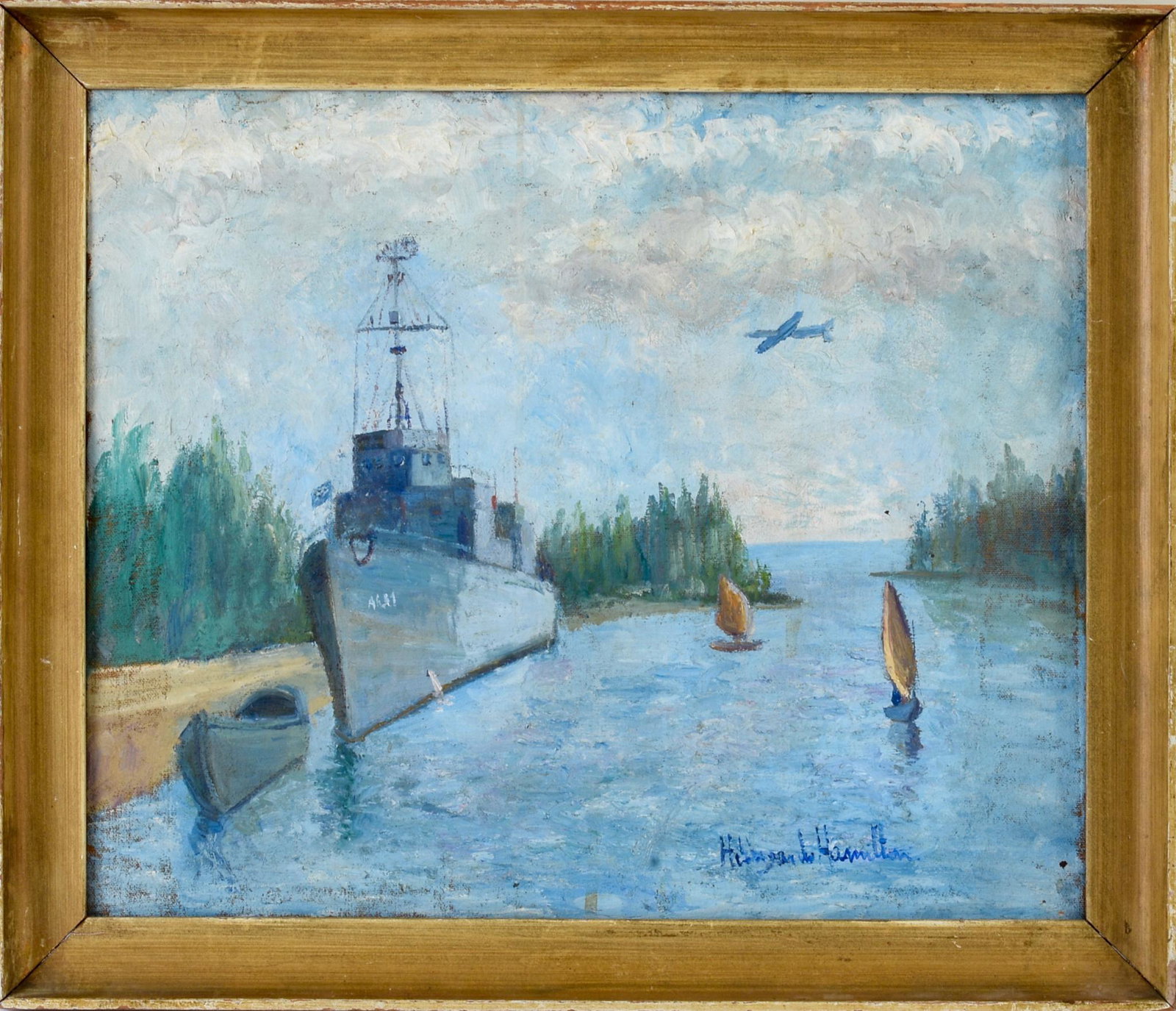 Oil Painting With Destroyer and Plane.: Oil on canvas, 15 x 18 inches, signed H Hamilton, lower right. With another painting on the reverse of the canvas.