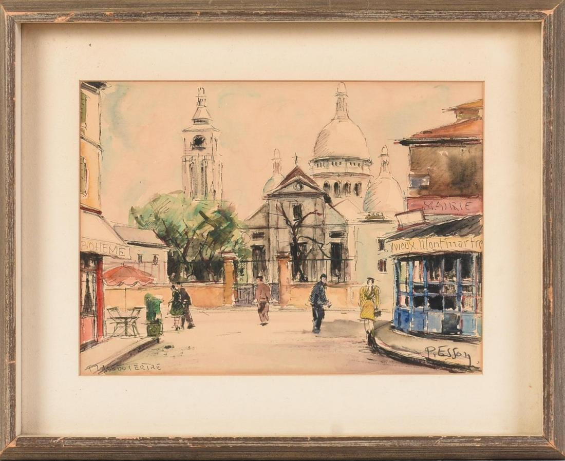 Parisian Street Scene Watercolor.: Sight size 8.75 x 12 inches, signed P. Essoy lower right.