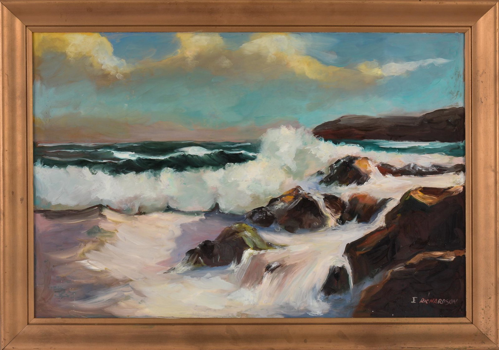 I. Richardson. Crashing Surf.: Oil on board, 20th century, 24 x 36 inches.