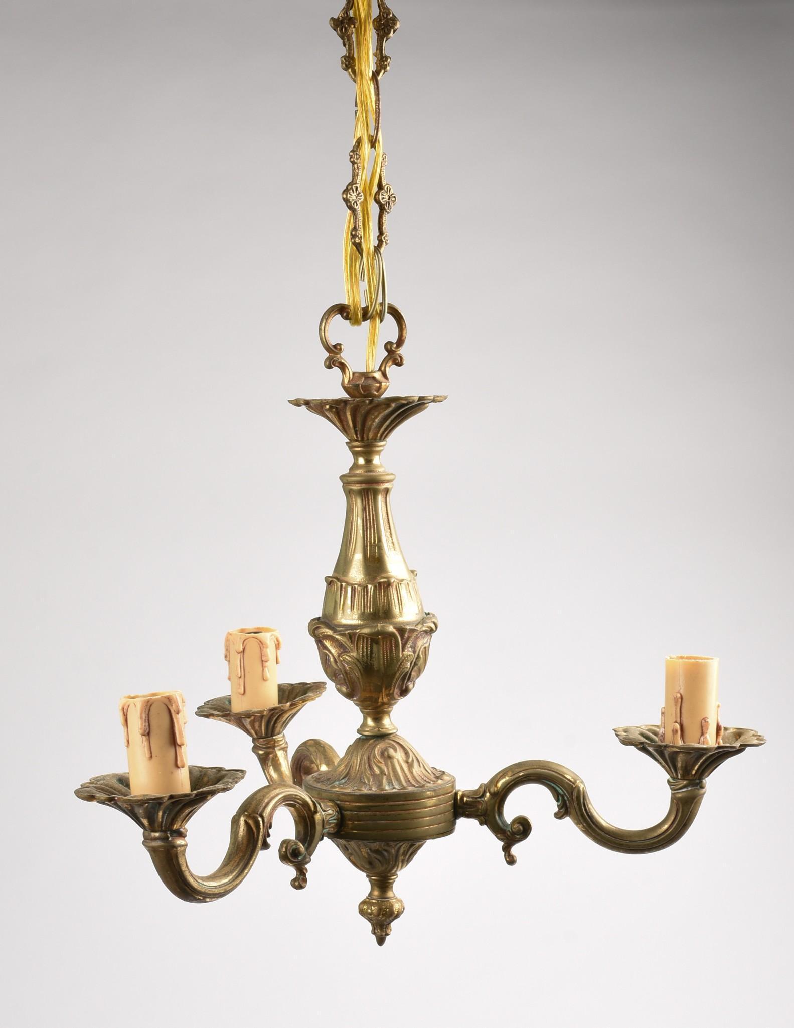 French Brass Three Light Chandelier. (1 of 5)