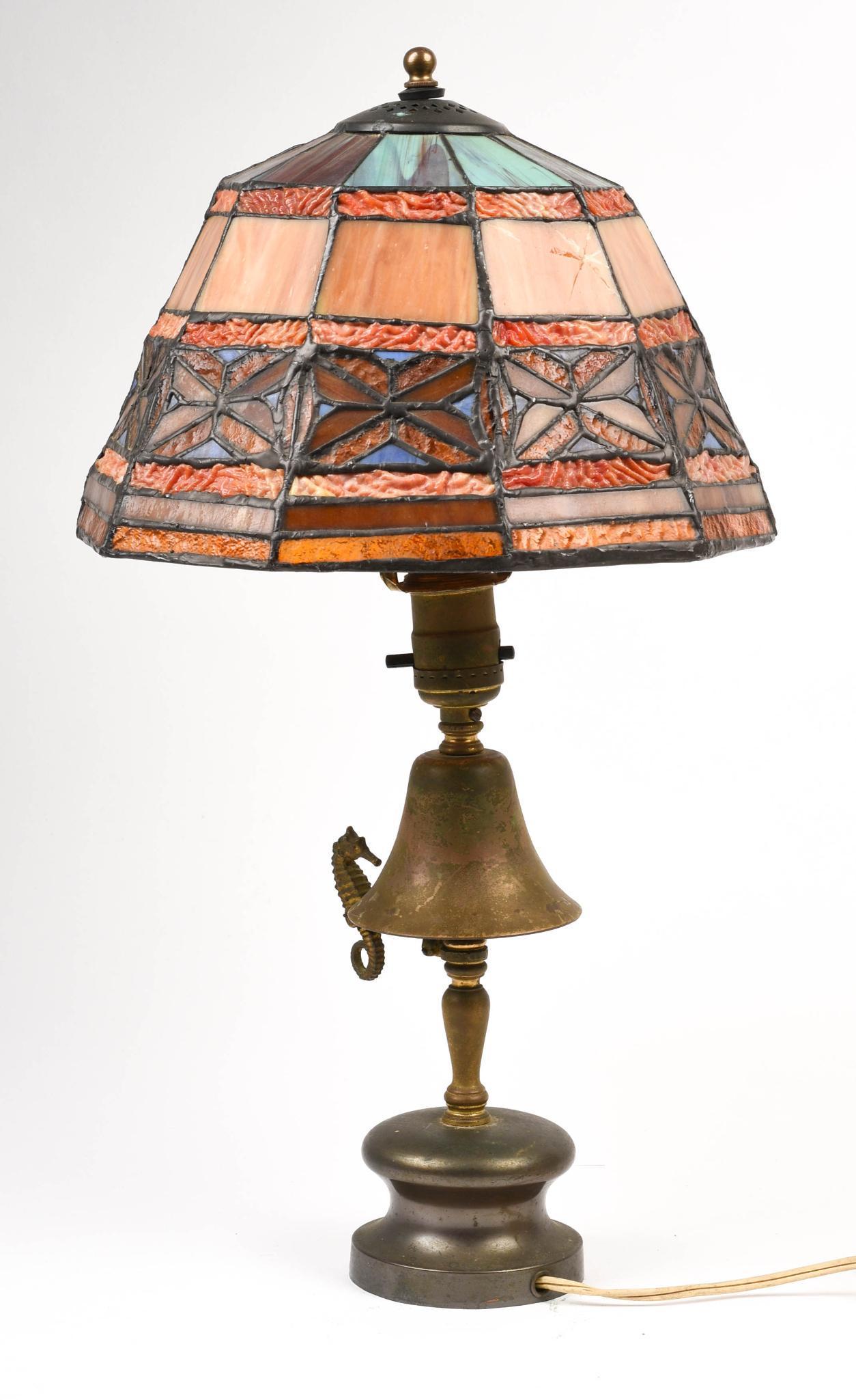 Sea Horse Bell Light Lamp.: With stained glass shade, height 19 inches.
