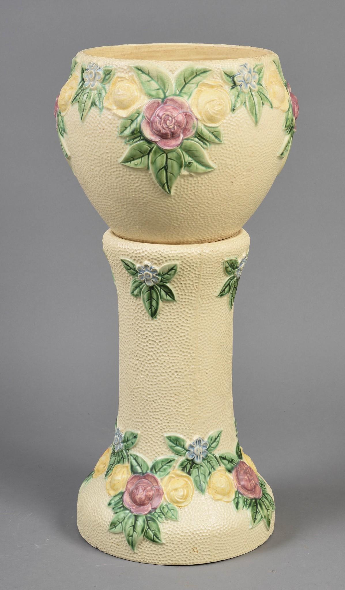 Roseville Floral Jardiniere & Pedestal.: On yellow ground with garlands of flowers, overall height 29 inches.