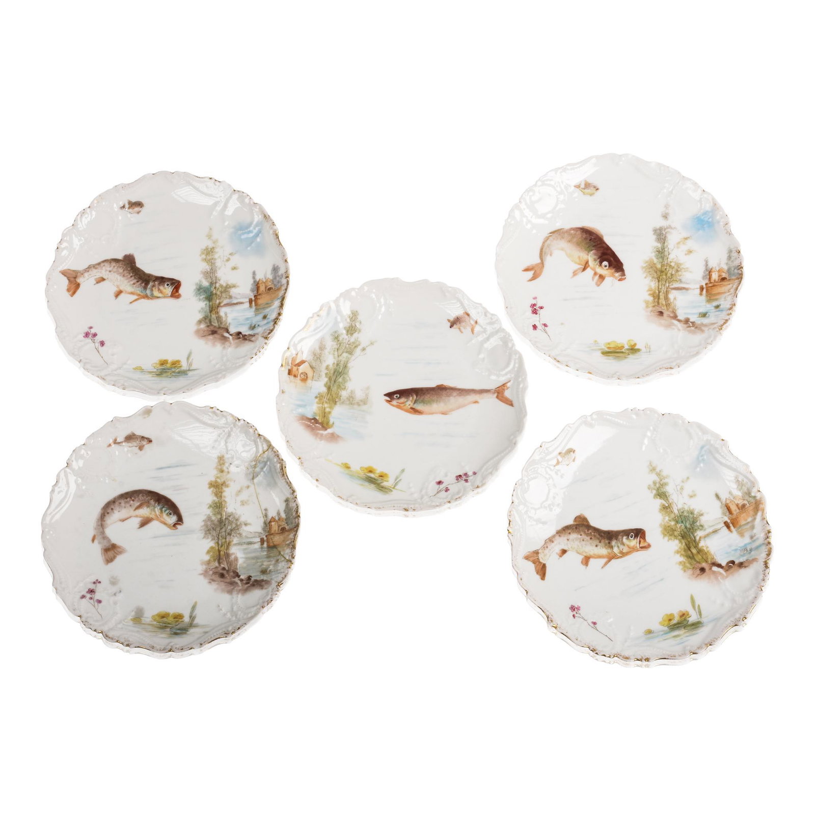 French Handpainted Plates With Fish.: Diameter 9.5 inches, retailed by Grand Depot, Paris.