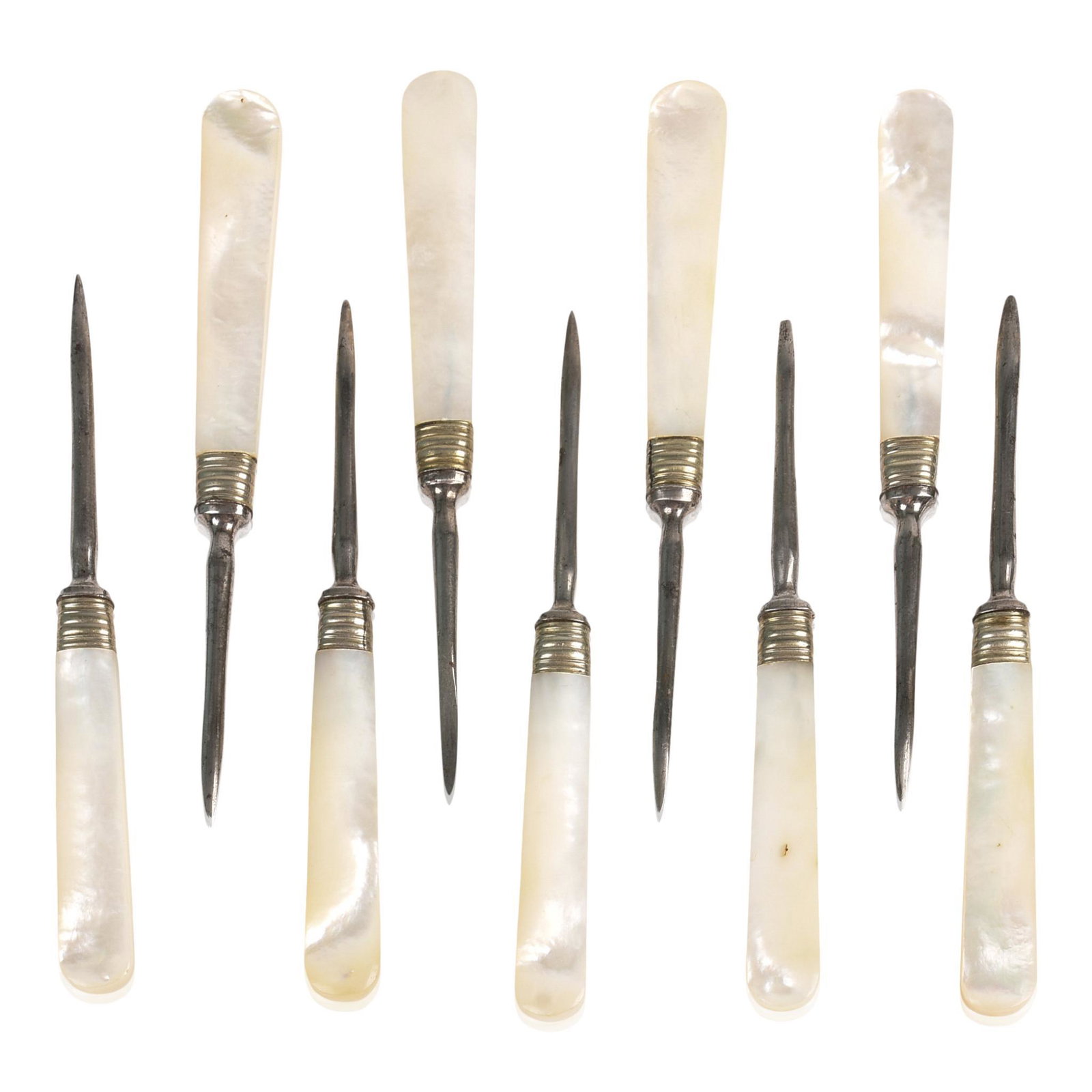 Nine Mother of Pearl Handled Nut Picks.: Length 5 inches.