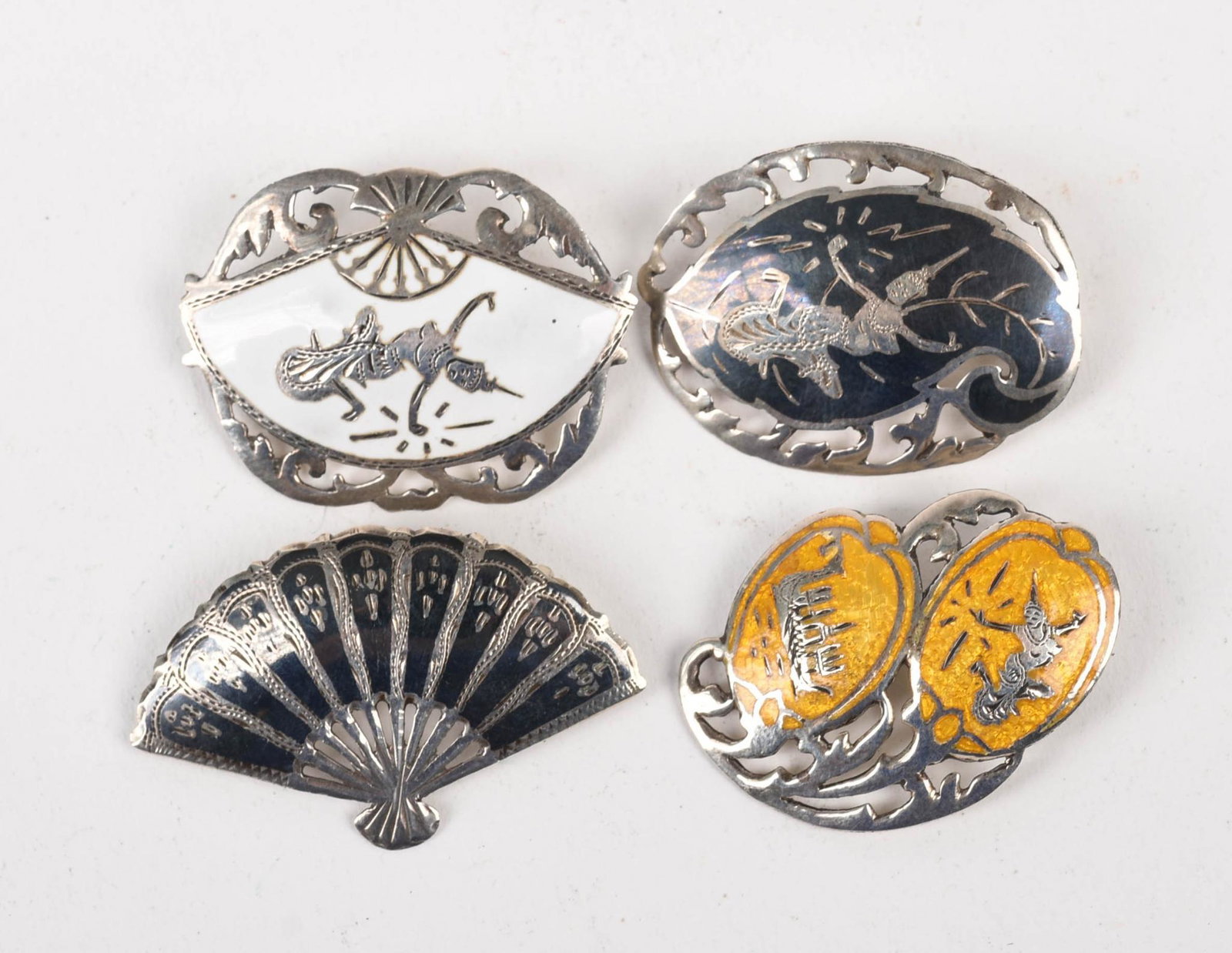 Four Sterling and Enamel Siam Pins.: Each approximately 1 x 1.5 inches.