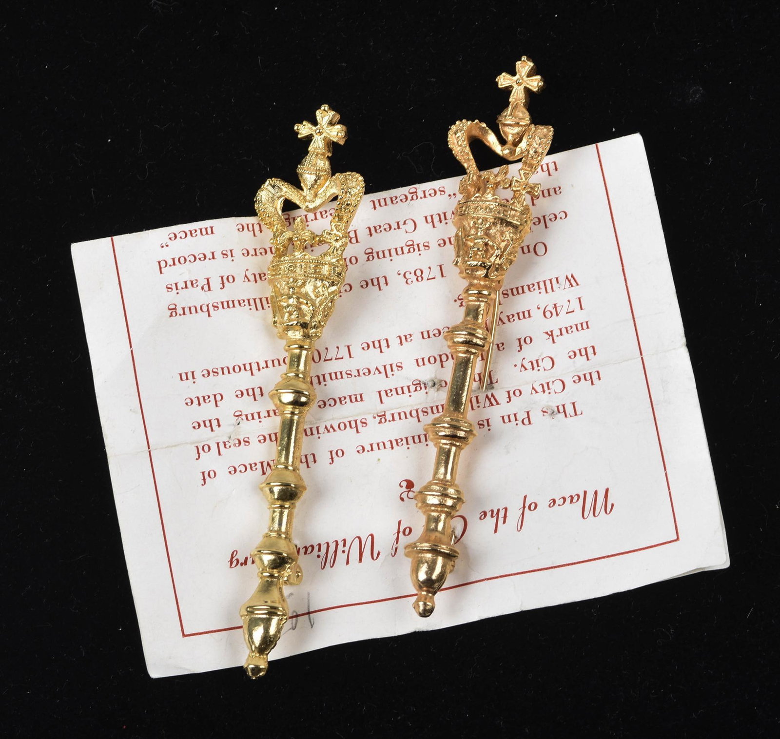 Pair of Mace of the City of Williamsburg Pins.: Length 3.75 inches.