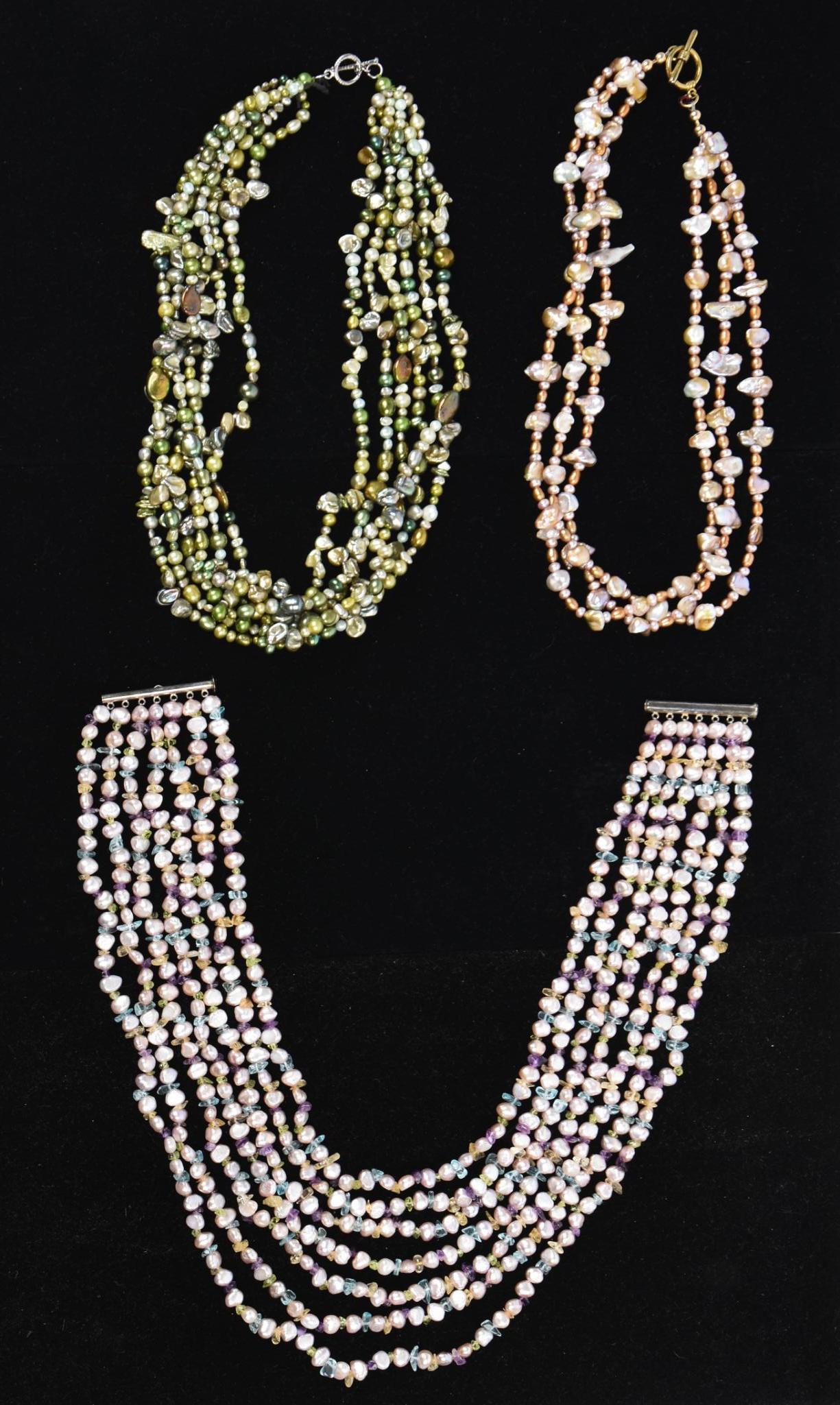 Three Multi Strand Necklaces With Freshwater Pearls.: Pearls with other beads, each approximately 18 inches long.