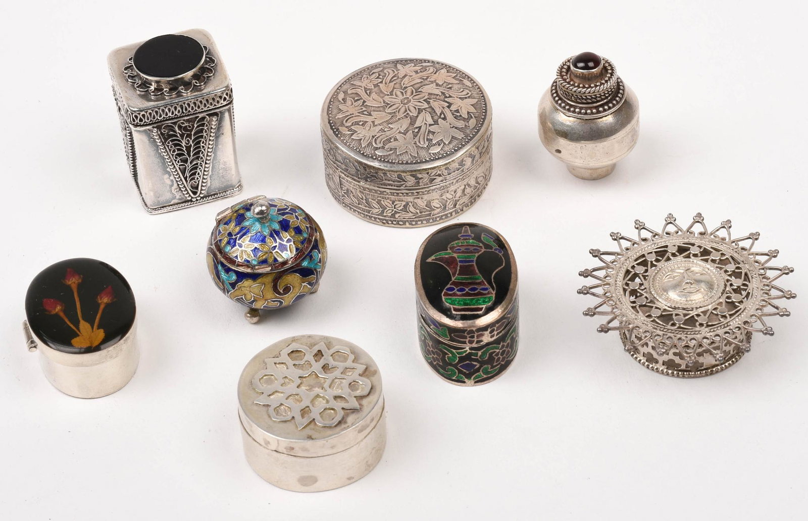Eight Silver Trinket Boxes: Four marked 925, one marked 80%, three not marked, total weight 191 grams.