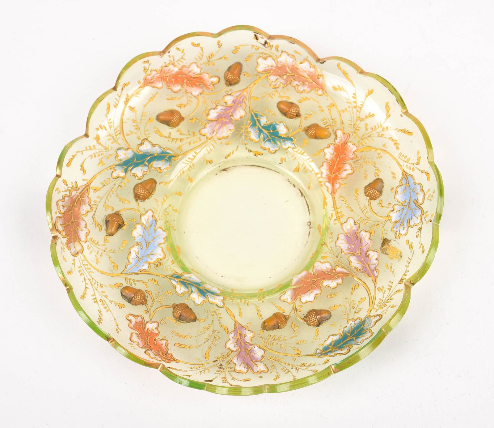 Unusual Gilt Overlay Glass Saucer With Acorns.: Diameter 5.25 inches.