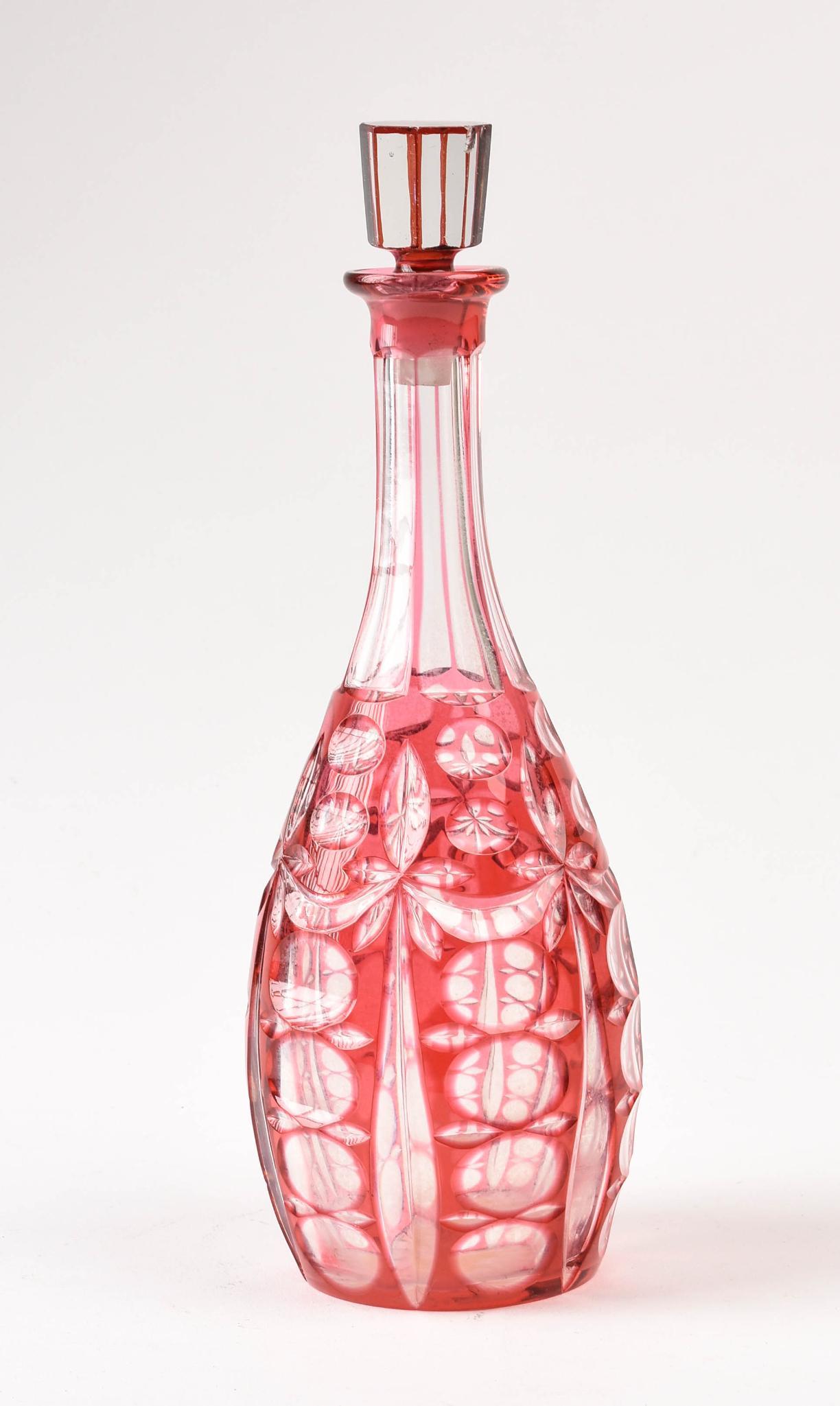 Red Glass Decanter.: Height 13 inches. Chip to stopper.