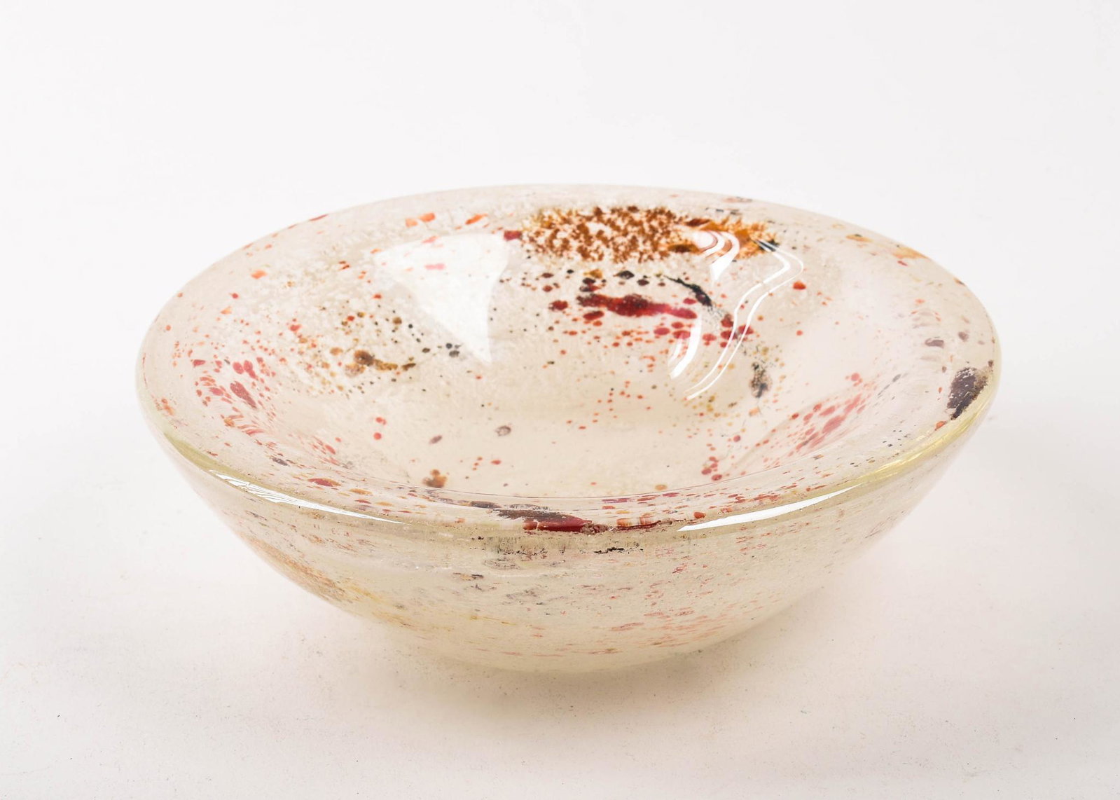 Murano Glass Bowl.: White with flecks of red and orange. Height 2.5 inches, diameter 7.5 inches.