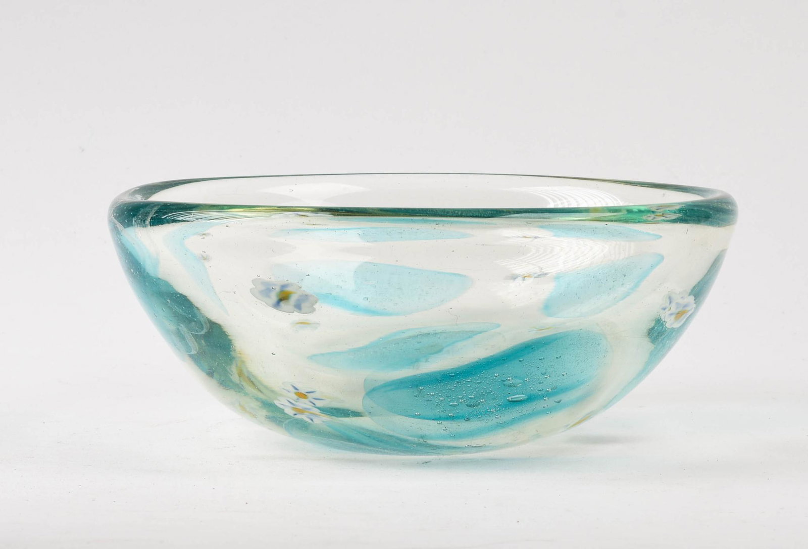 Blue Art Glass Bowl With Small Flowers.: Height 3.5 inches, diameter 8.75 inches.