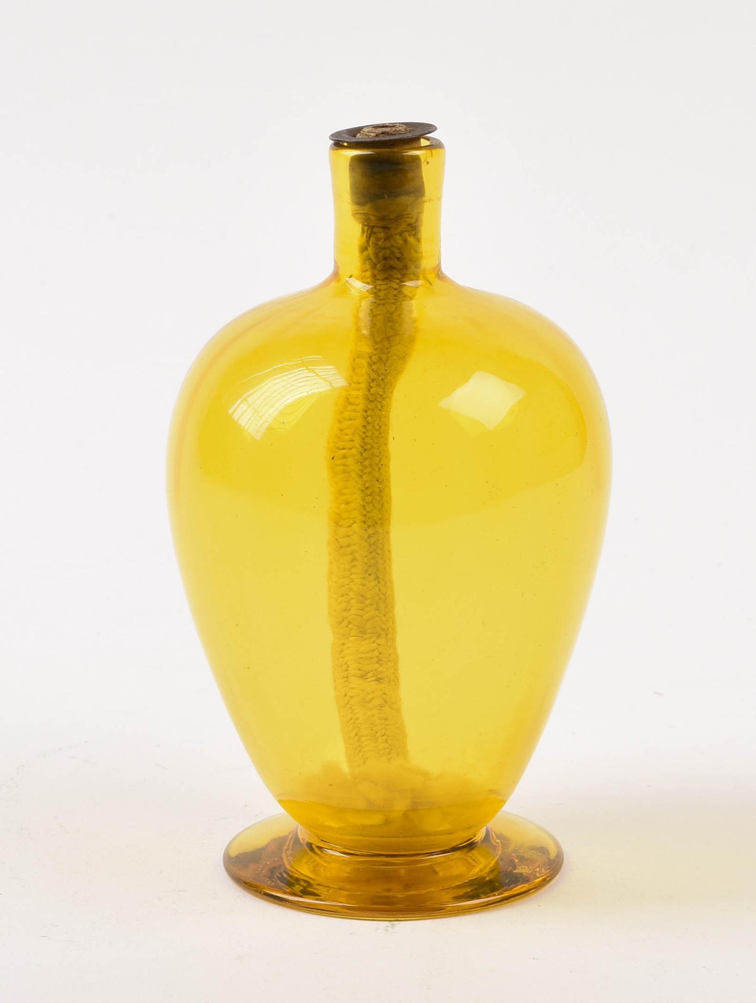 Yellow Glass Alcohol Lamp, Attr. Steuben.: Height 6 inches.