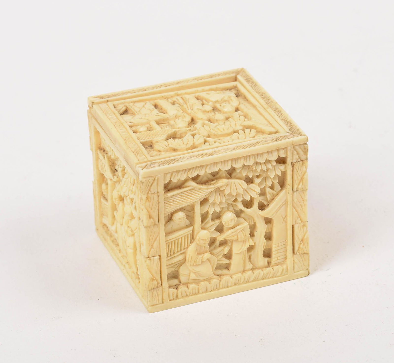 Chinese Puzzle in a Carved Box, Mid 19th C.: The box 1.625 x 1.5 x 1.625 inches.