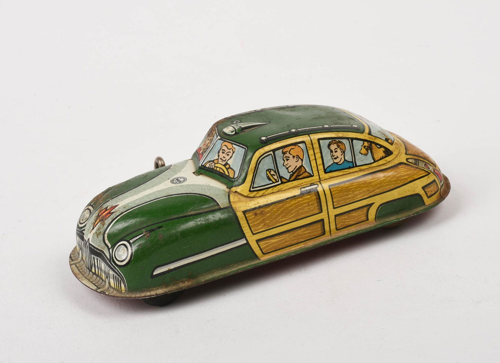 Mar Toys Wind Up Family Car.: Length 6.5 inches. Appears to be operational, some loss to decoration