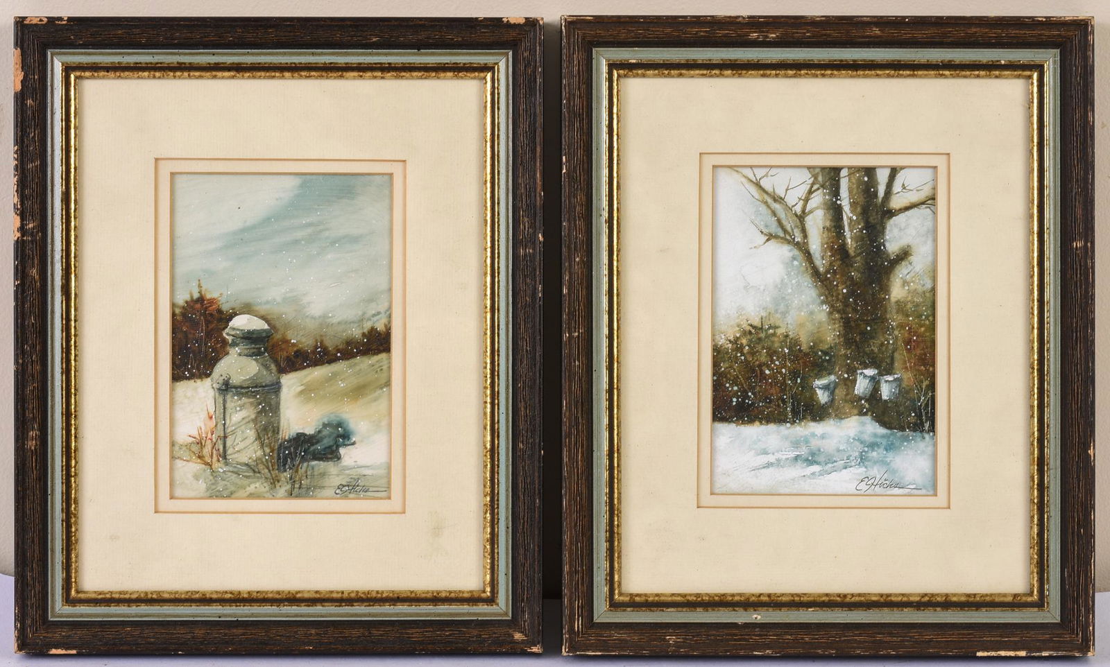 Edward Hicks. Two Winter Scenes.: Watercolor on paper, each frame 11.75 x 9.75 inches.