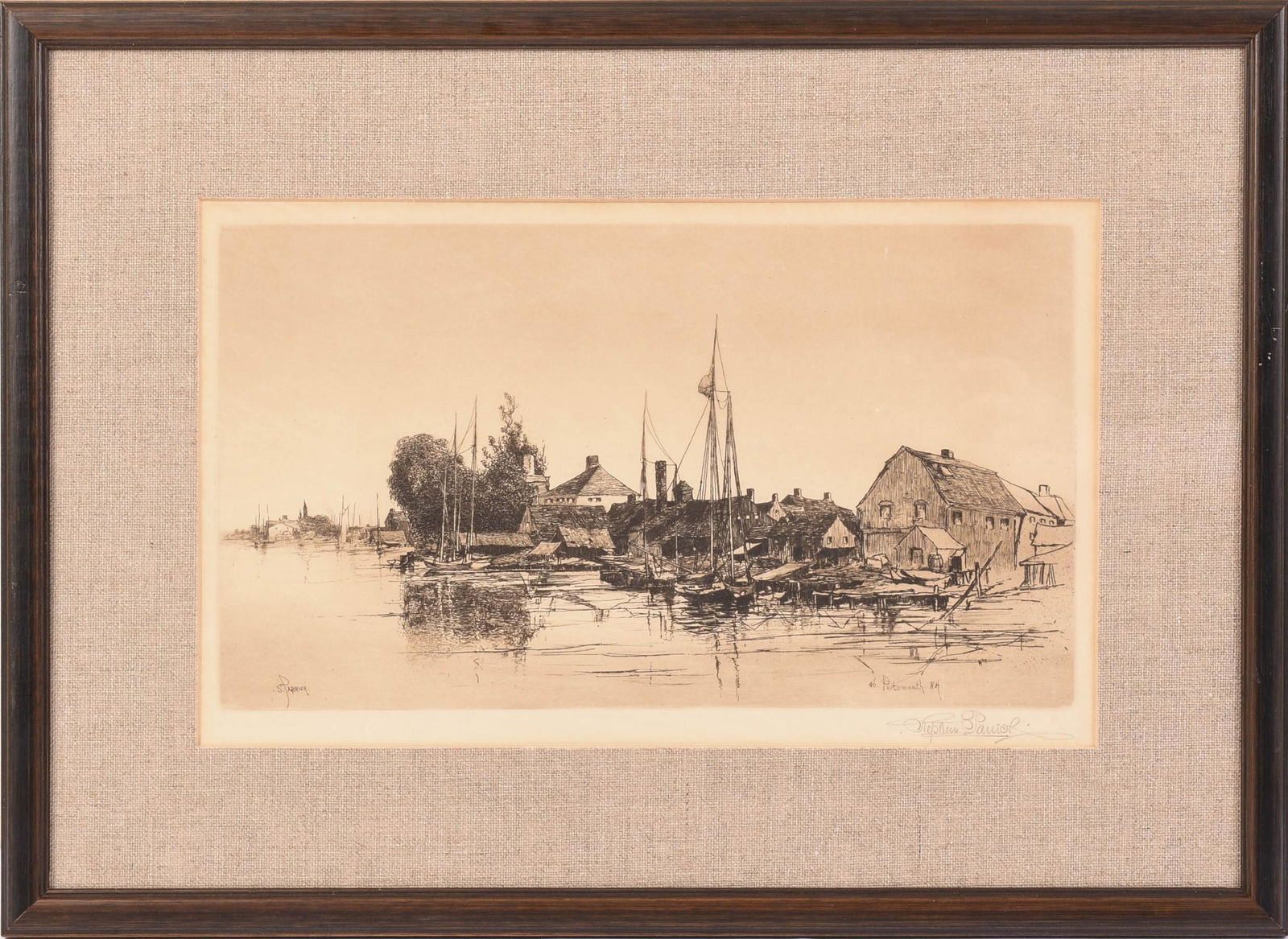 Stephen Parrish. Portsmouth, NH, 1946.: Etching on paper, pencil signed lower right. Signed and dated in the plate. Image 7.75 x 13.75 inches, frame 15.25 x 20.75 inches.