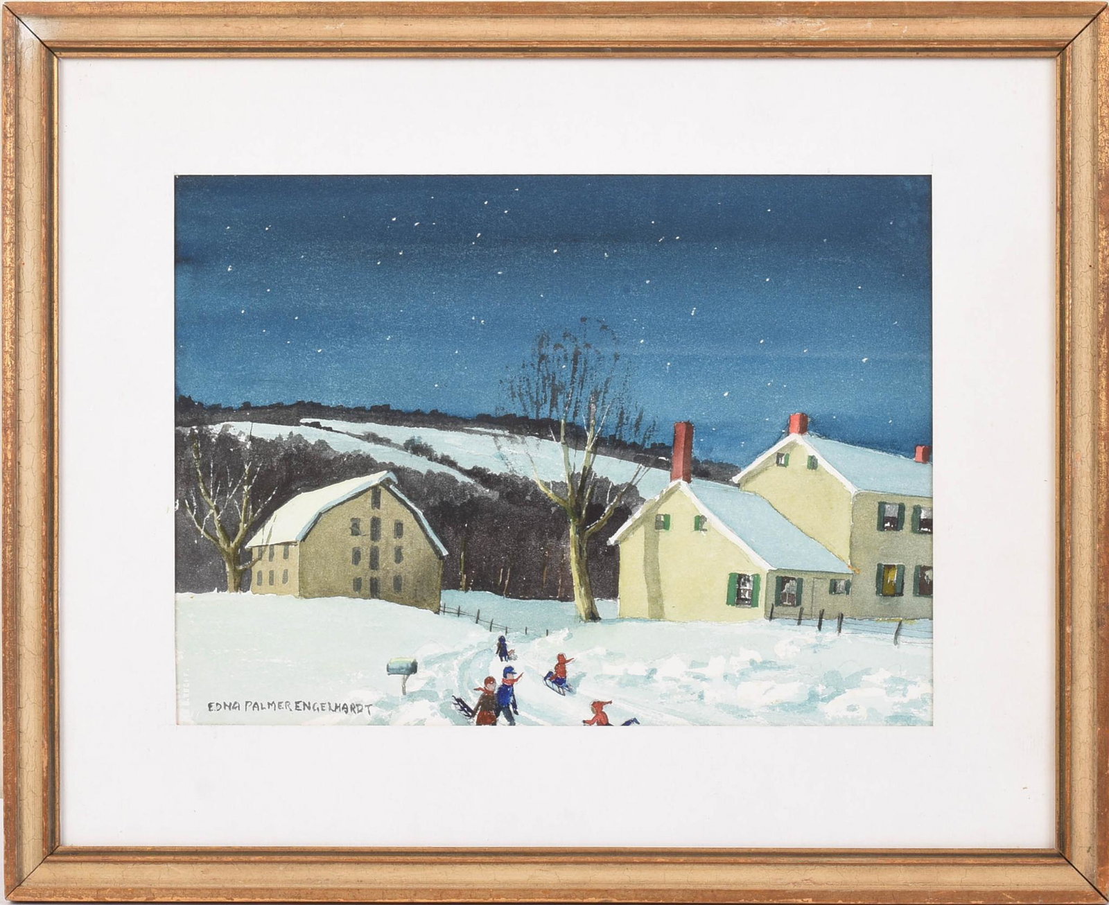 Edna Palmer Engelhardt. Winter Fun.: Watercolor on paper, 10.25 x 14.25 inches, sight, signed lower left.