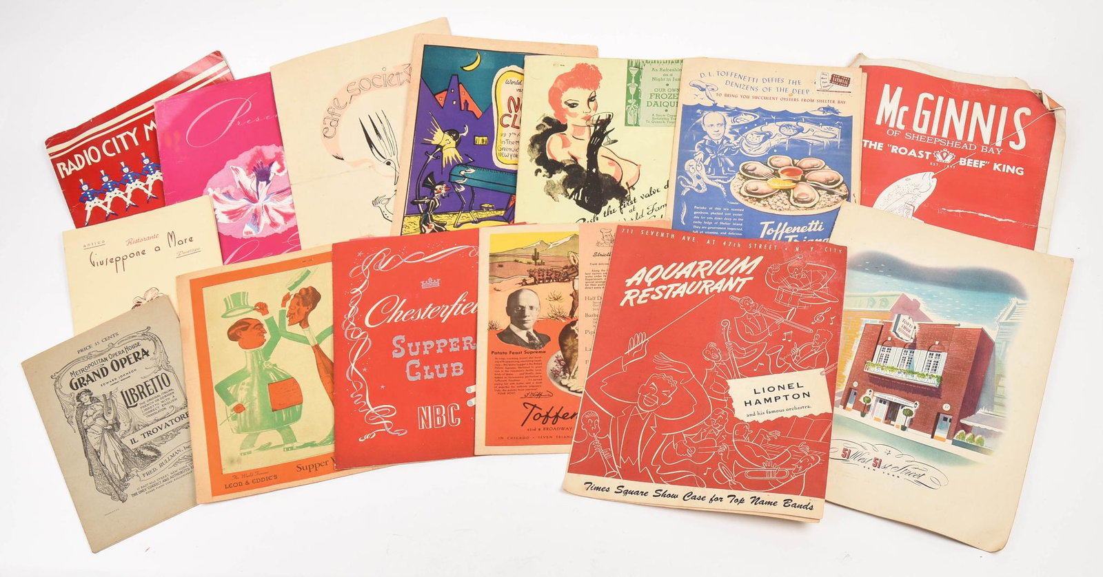 Collection of 1950's Menus.: Restaurants in New York, one from Paris. Also includes Leon & Eddie's Restaurant program, and a Radio City Music Hall magazine.