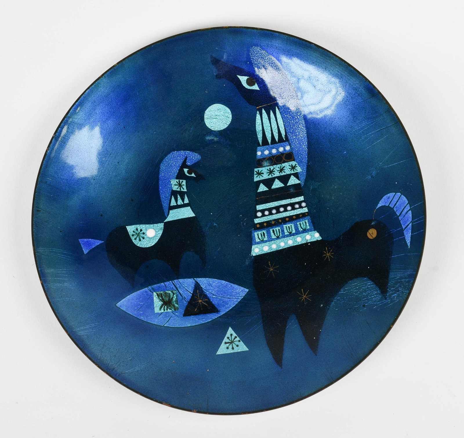 Retro Enamel Plate With Llamas.: Diameter 9.75 inches, signed Hykes and dated 1957 on reverse. Surface scratches.