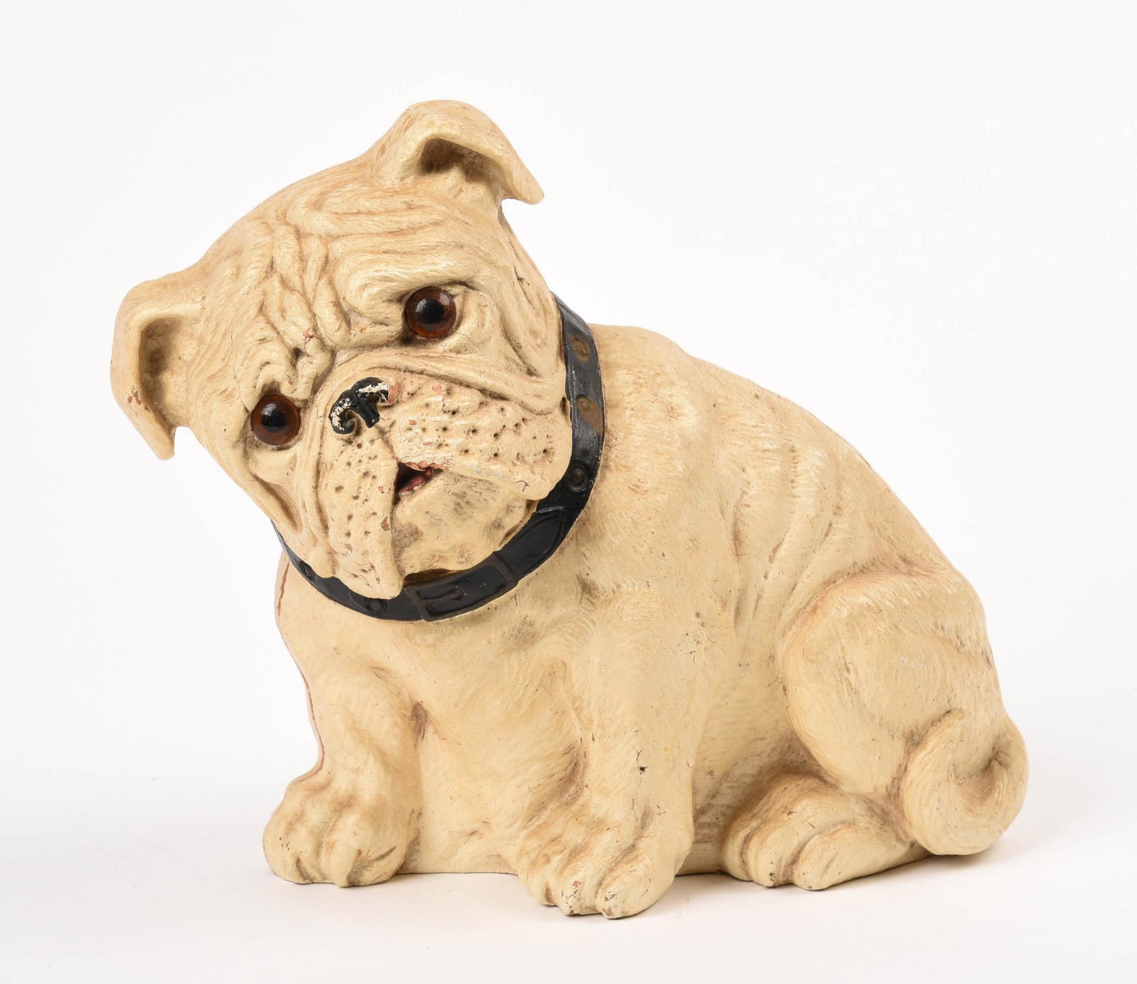 Syroco Wood Bulldog Doorstop: Original paint, glass eyes, signed with label, c. 1930â€™s, height 7.5 inches.