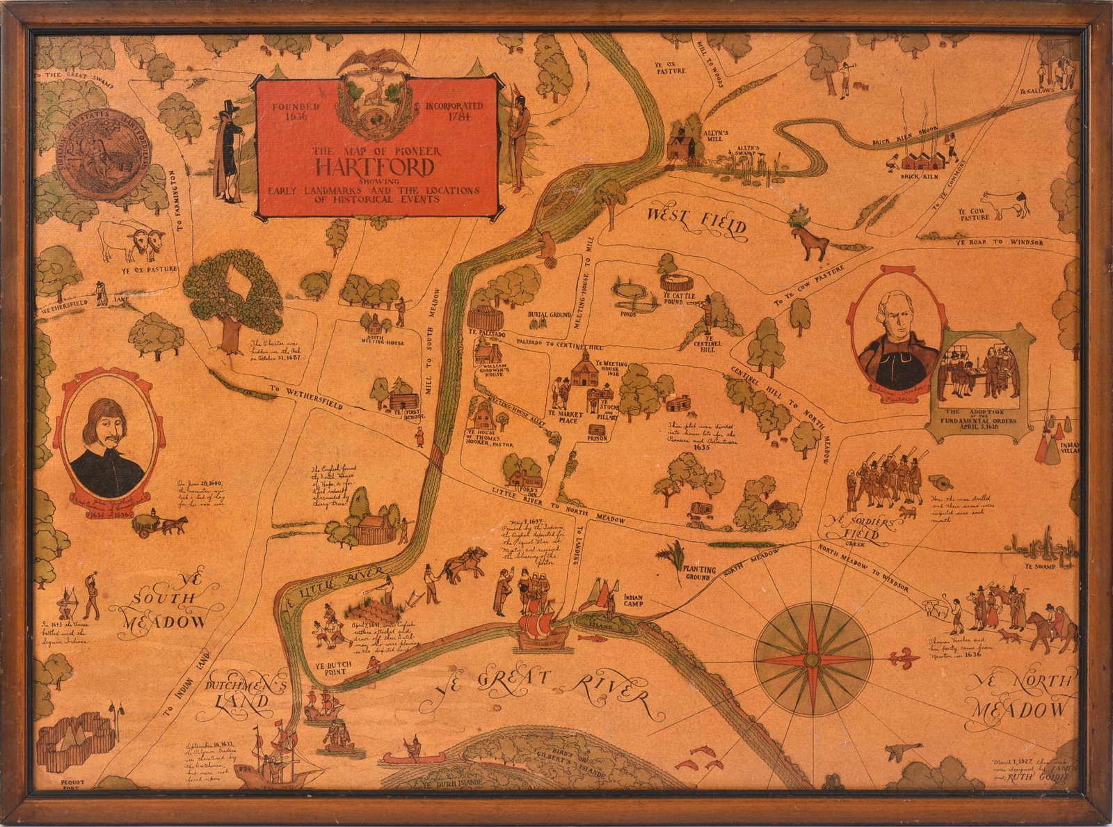 Historical Map of Hartford, CT.: Showing 17th and 18th c. landmarks, designed by James and Ruth Goldie, 1927, 17.5 x 24 inches.
