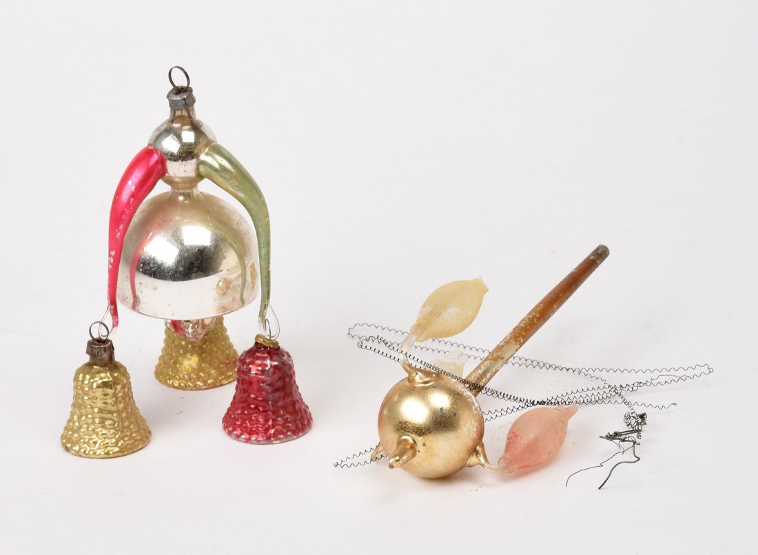 Two Antique German Chandelier Christmas Ornaments: Height of example with bells 4.5 inches. The other in need of repair.