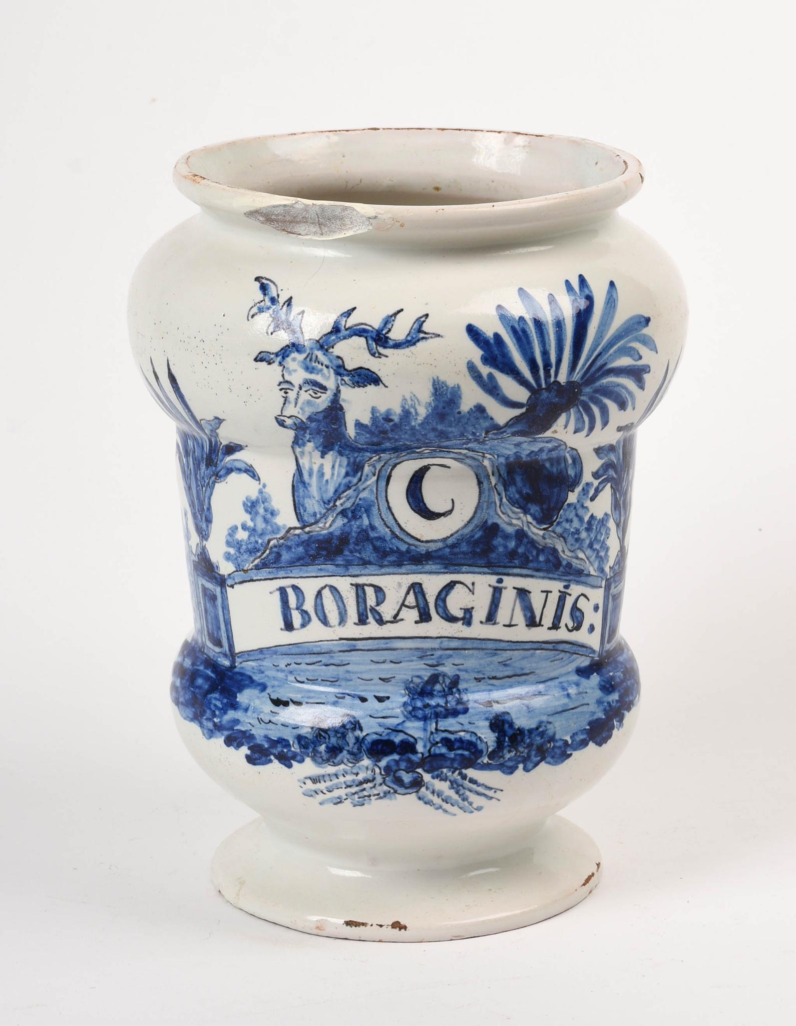 Italian Albarello Drug Jar.: Height 8.75 inches, chip to rim.