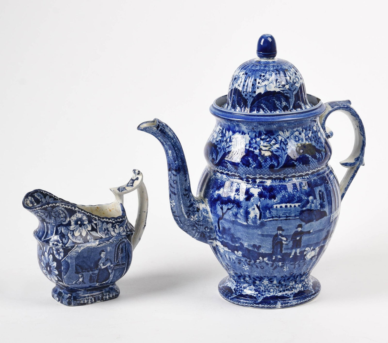 Historical Blue Staffordshire Coffee Pot.: Height 12 inches, excellent condition. Together with a gravy boat.