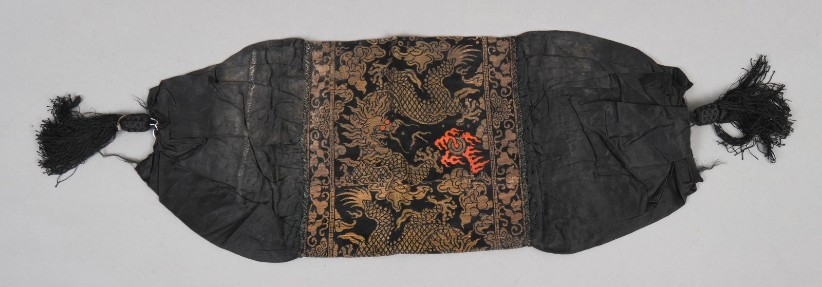Chinese Embroidered Bolster Pillow Cover.: With dragon motif, length 30 inches.