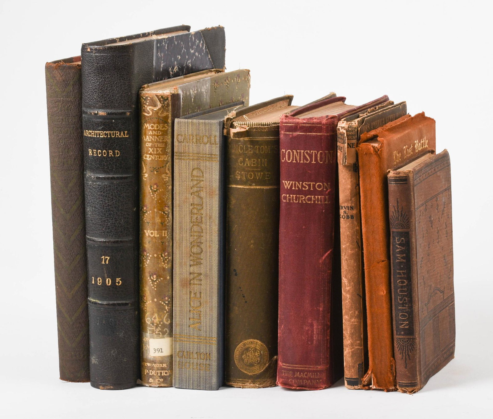 Nine Antique Books.: Modes & Manners of the Nineteenth Century, 1909. Alice's Adventures in Wonderland, 1899. The Victrola Book of Opera, 1929. The Architectural Record, 1905. Sam Houston, date unknown. The Last B