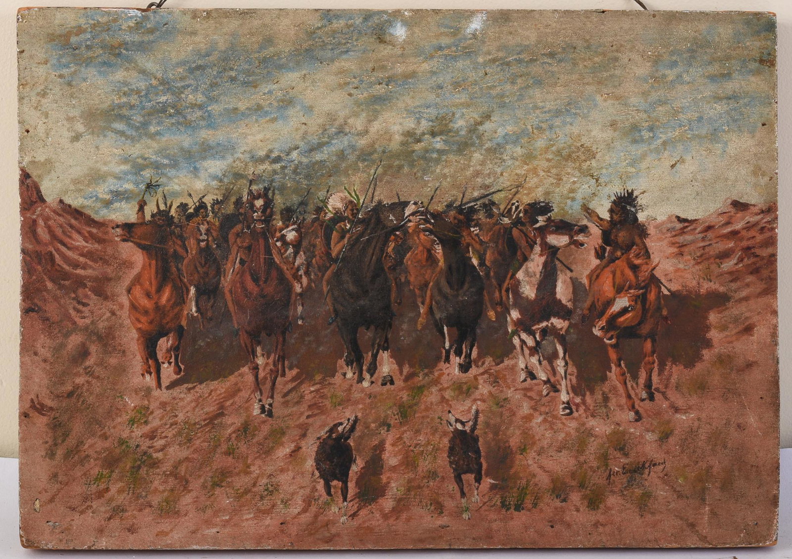 Western Painting With Native Americans on Horseback.: Based on Victory Dance, by Frederic Remington. Oil on panel, 11.25 x 16 inches.