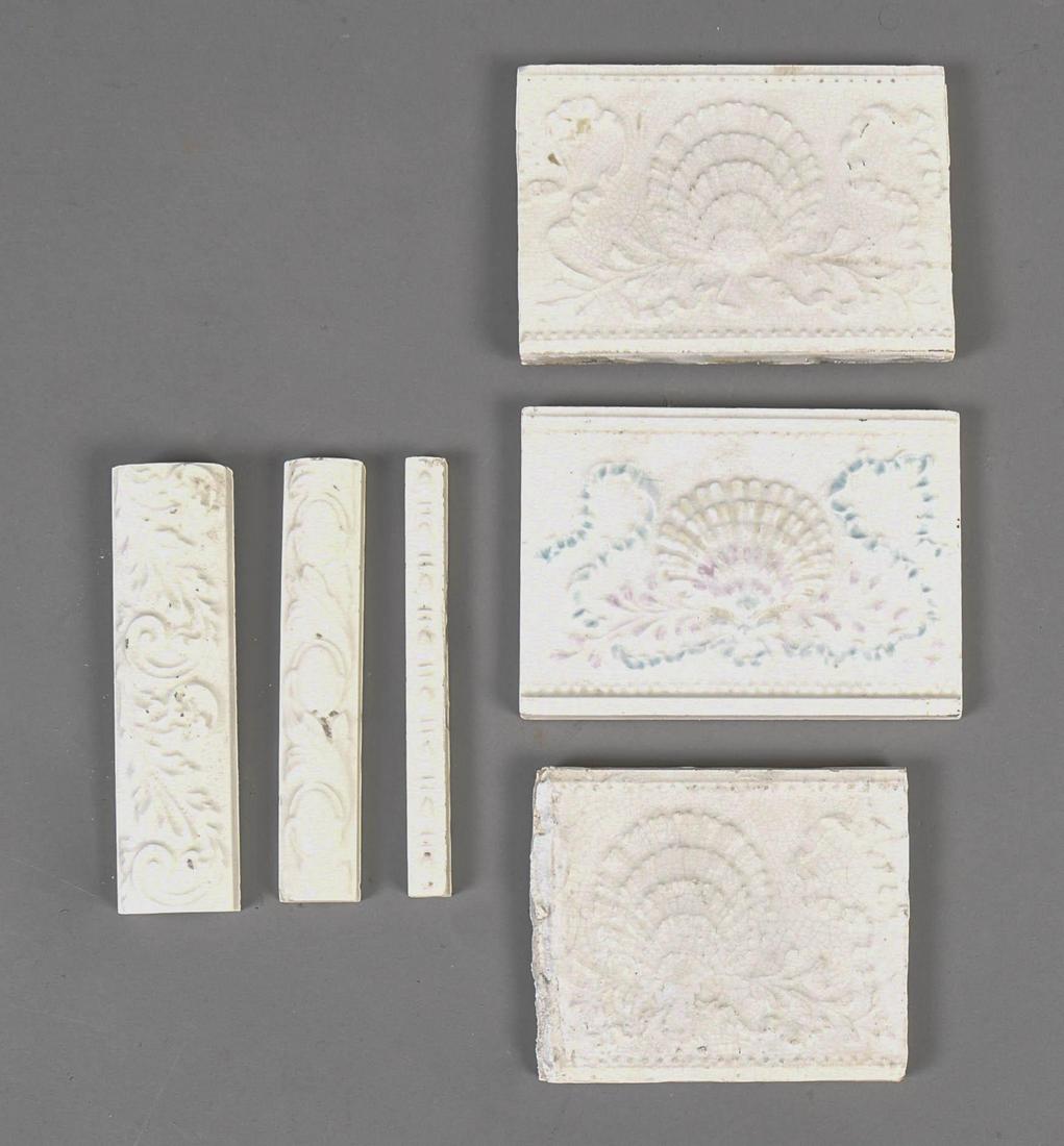 Collection of Tiles With Shell Design.: Includes approximately 11 feet of 1.5" wide edge tile, and about 6 square feet of tile.