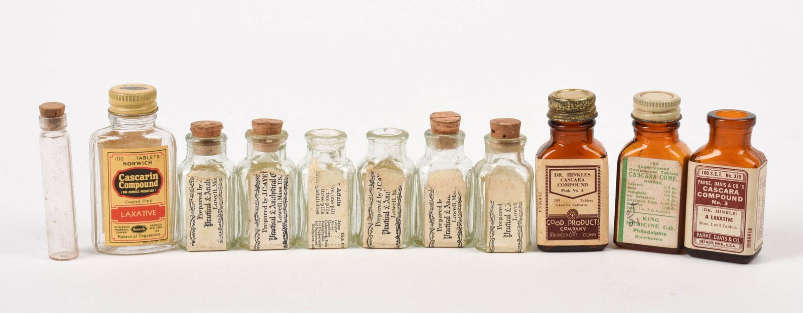 Group of Small Apothecary Bottles.: J. Cayer, Lowell MA, King Medicine Philadelphia, Parke Davis, Detroit, and others. All approximately 2.75 inches.