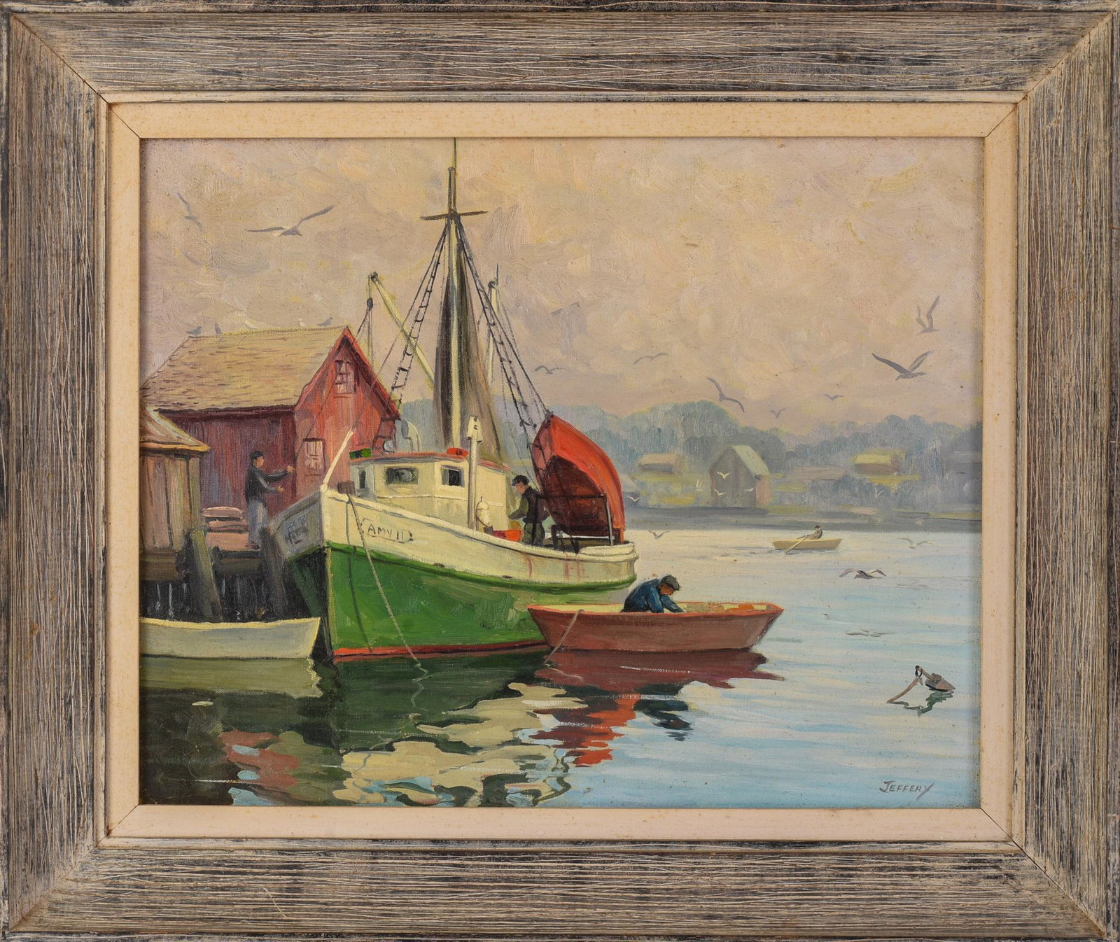 Gloucester School Painting of a Fishing Boat.: Oil on canvas, 16 x 20 inches, signed Jeffery, lower right, mid 20th century.
