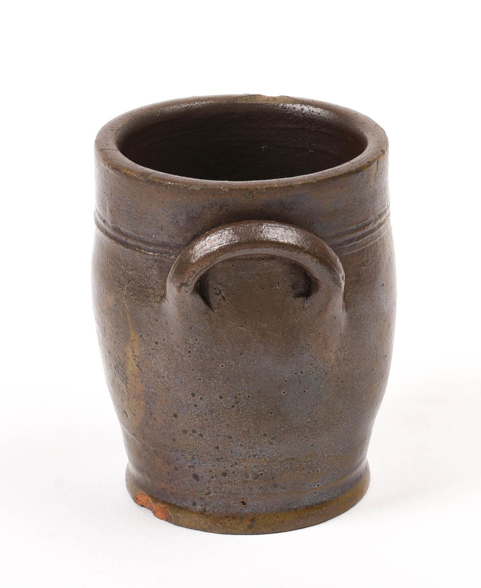 Miniature Redware Crock: With applied loop handles, height 3.25 inches.