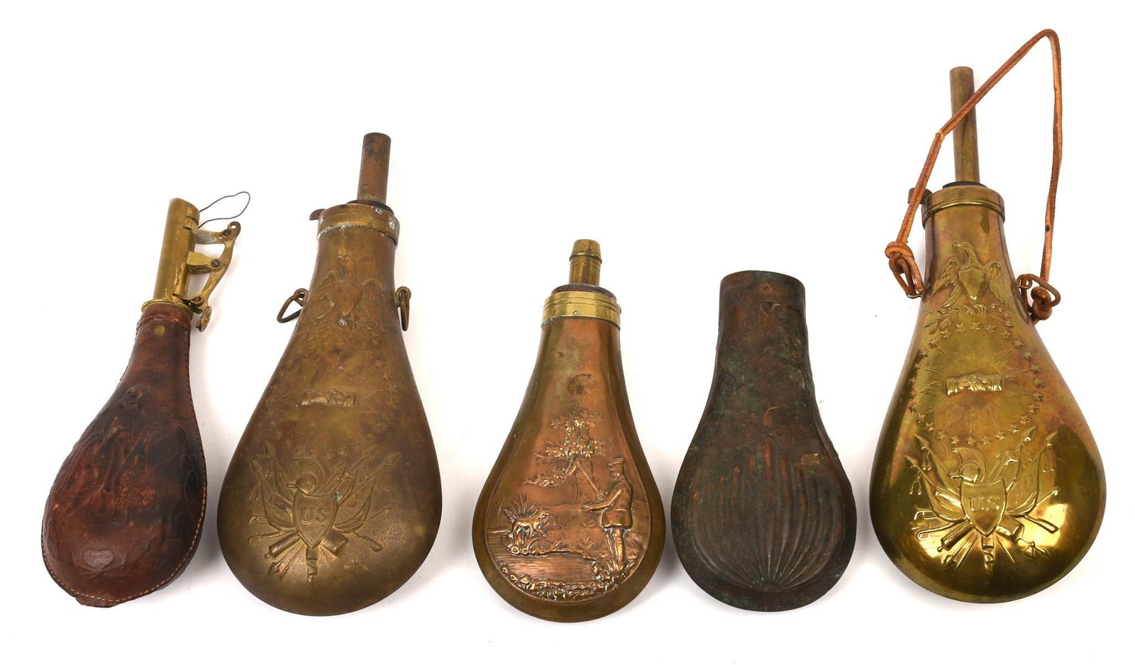 Five Powder Flasks.: Height of largest 10.5 inches.