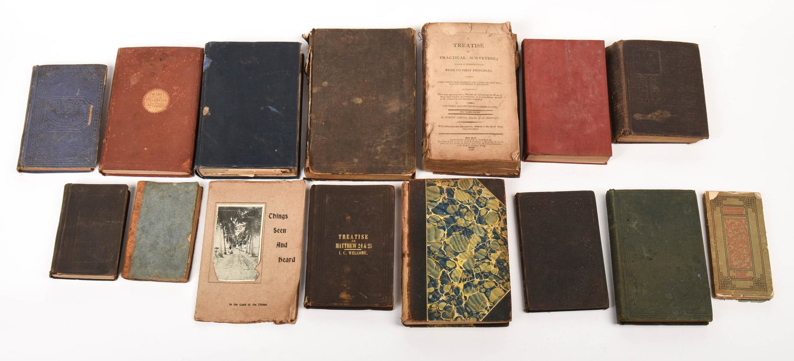 Collection of Antique Books.: Virginibus Puerisque, by Robert Louis Stevenson, The Life of Hiram Munger, Three Birthdays, Roderick Random by Tobias Smollet, The Crisis by Winston Churchill, The Weaver's Daugher by Joseph Arche