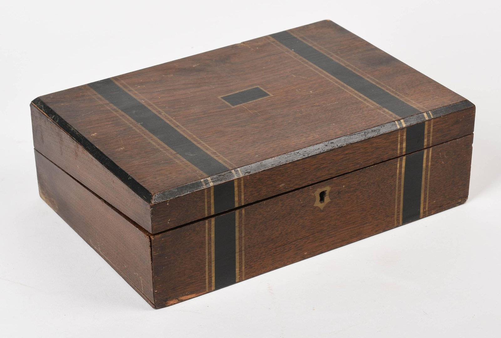 English Mahogany Lap Desk.: With painted banded decoration, 11.5 x 8 x 3.75 inches. Missing latch to hold writing surface.