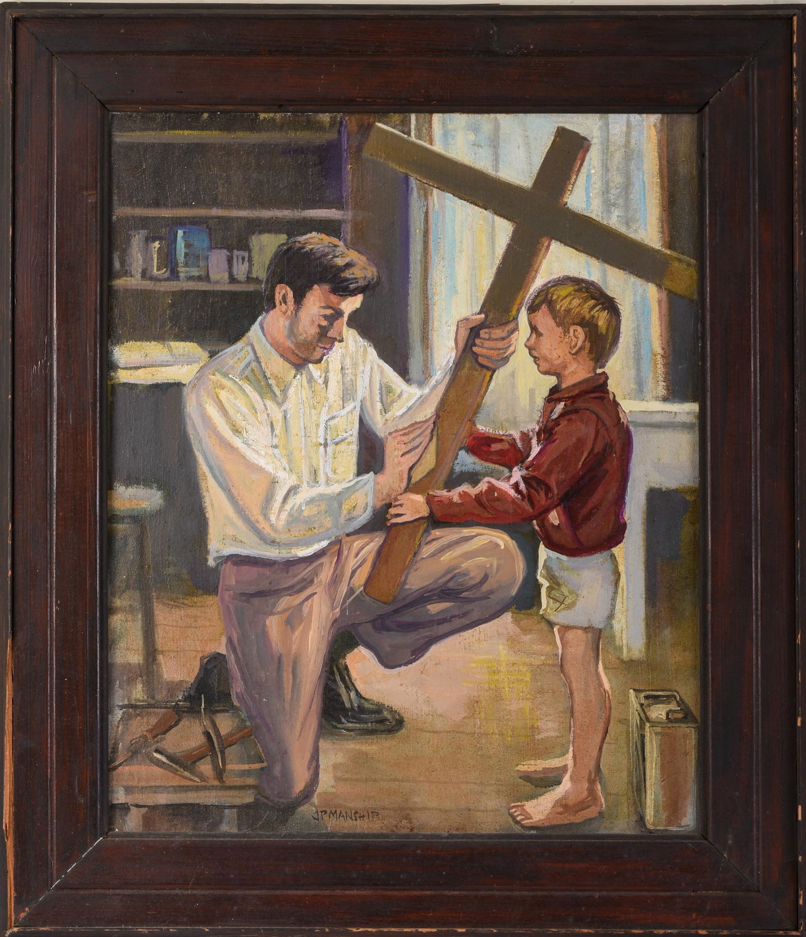 John Paul Manship. In the Carpenter's Shop.: Oil on linen, 24.5 x 20 inches. With label for Geraci Galleries, Rockport.