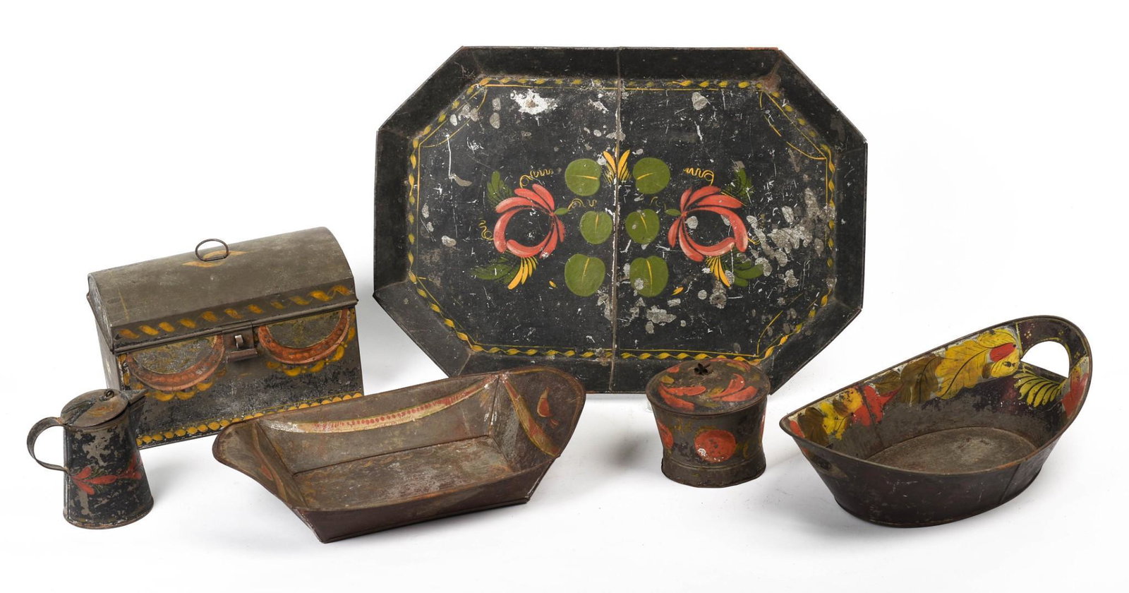 Six Pieces of Painted Tinware.: A tray, 17.5 x 12.5 inches. dome top box, two dishes, covered canister, and a small coffee pot.