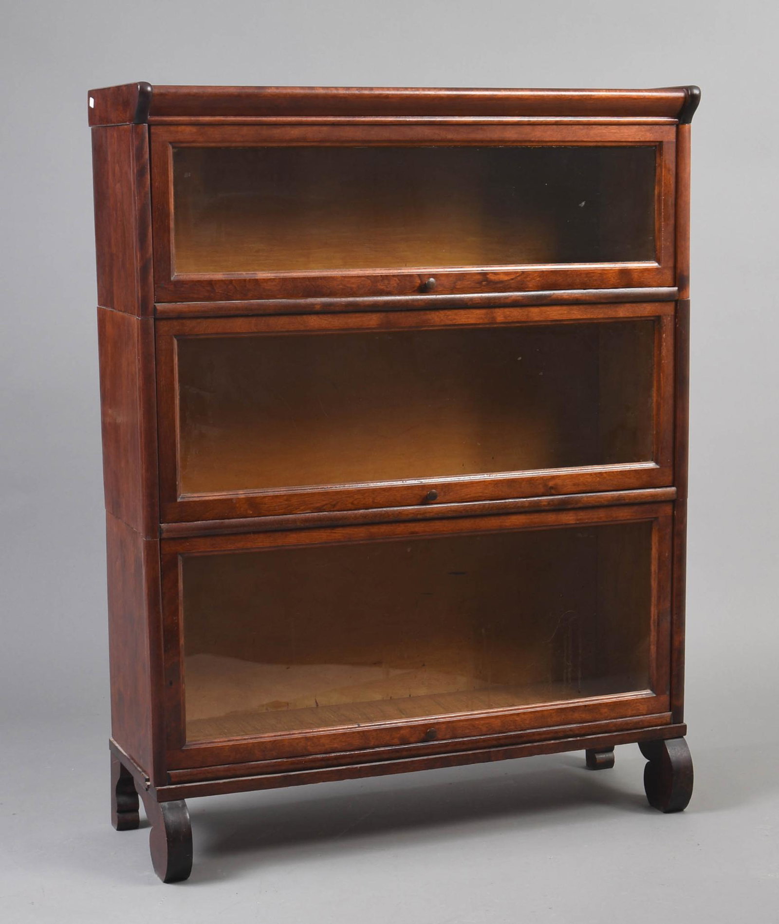 Three Tier Barrister Bookcase.: Height 45 inches, width 34 inches, depth 12 inches.