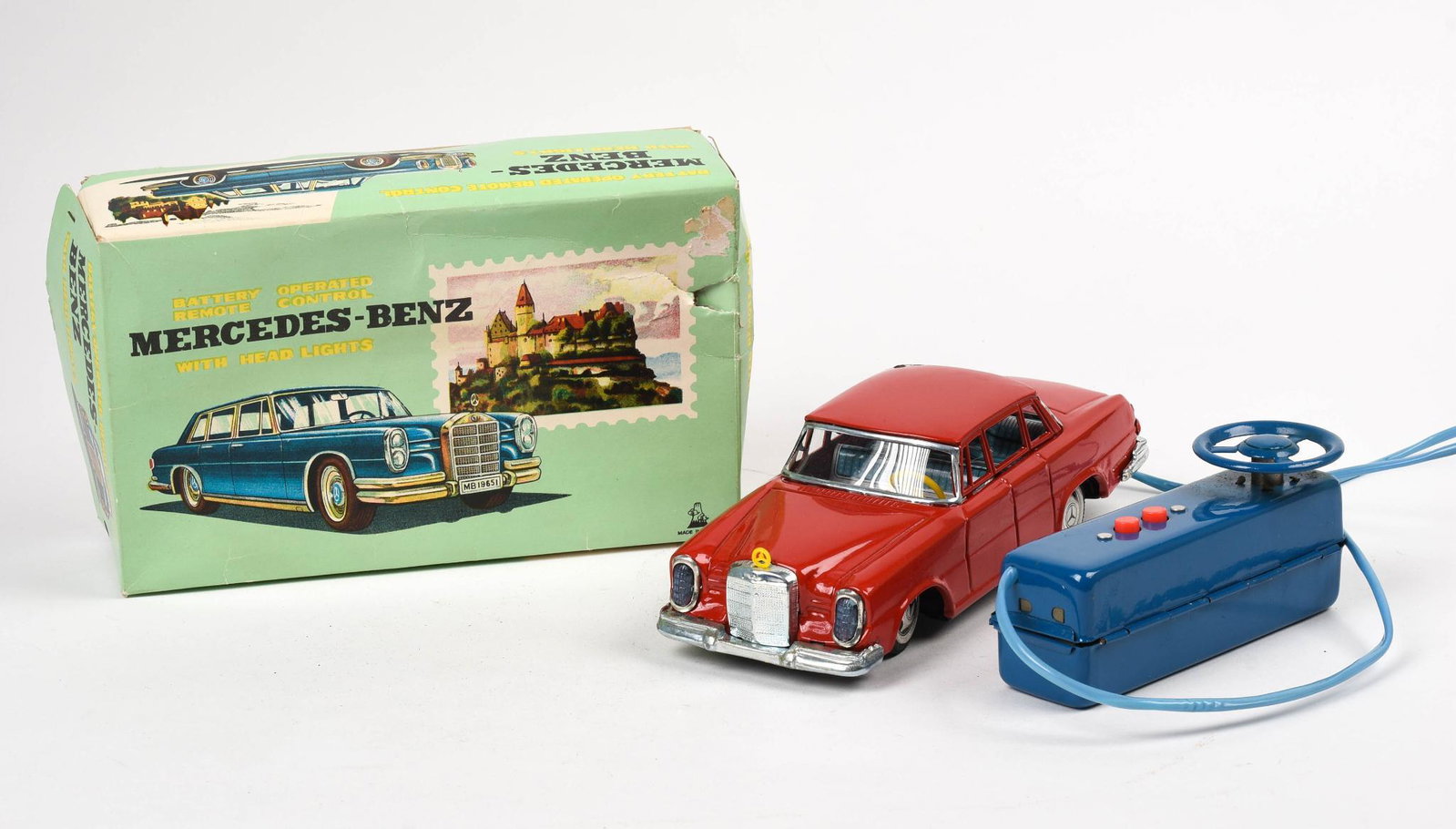 Vintage Battery Operated Toy Mercedes.: Made in Japan, in original box, length 8.5 inches. Not tested for operation, cosmetically excellent condition.