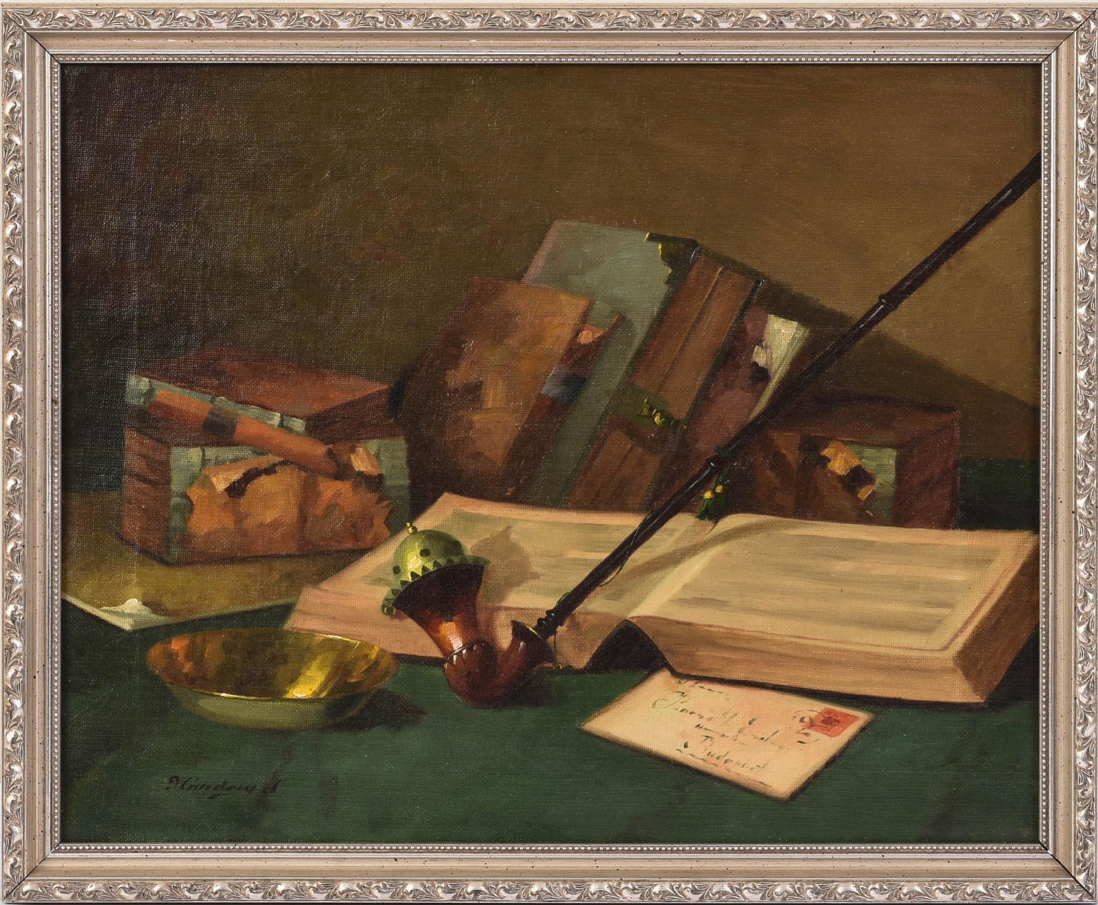 Sandor Nandory Still Life with Books and Pipe: (Hungary, b. 1900), oil on canvas, 16 x 19.5 inches, signed lower left.